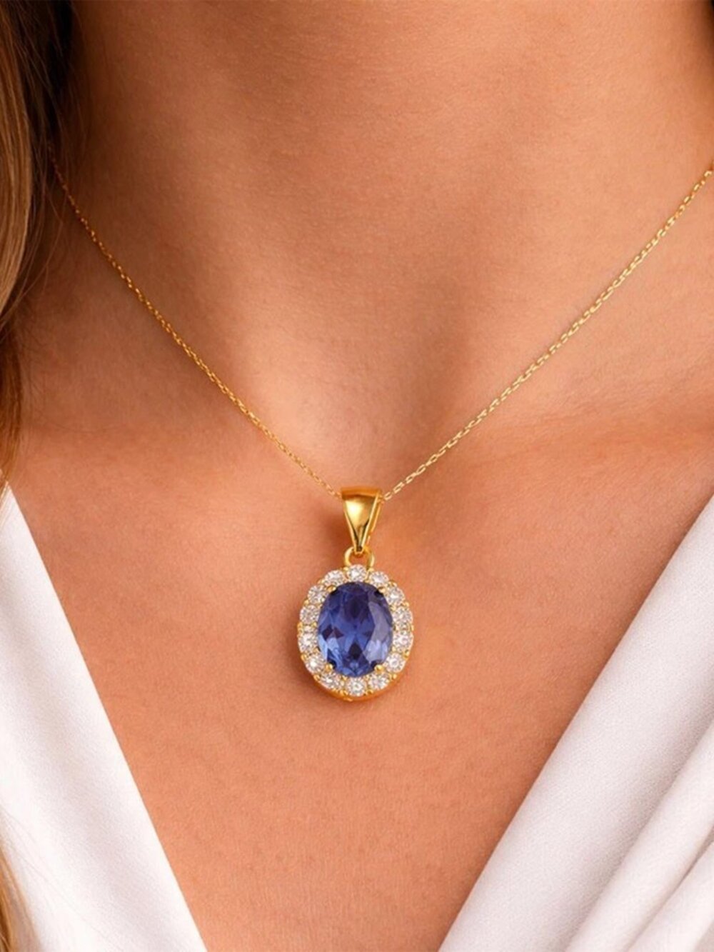 Created 2.12 Cts Tanzanite & W/Sapphire Necklace 14k Gold Plated (.925) - Picture 4 of 5